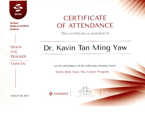 Certificate showing Dr Kavin as trainer for Deusaderm LIDO Collagen Injection training course